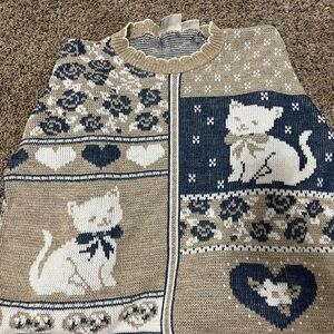 Cat Patterned Sweater - Tan and Blue